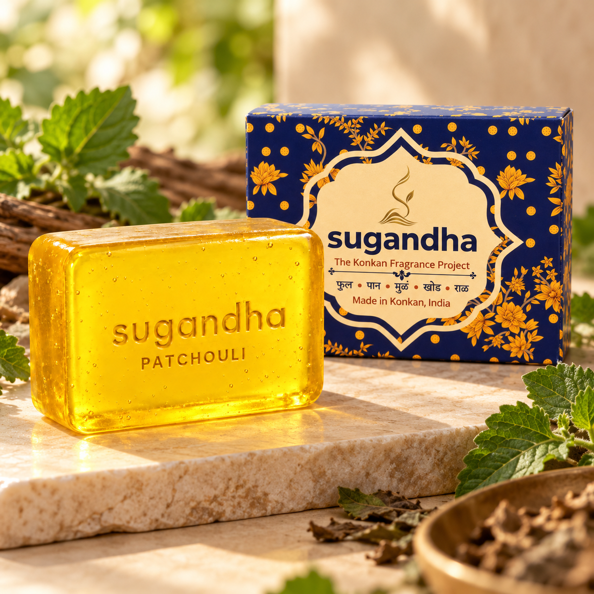 Included Patchouli glycerin soap — single 50 g bar detail