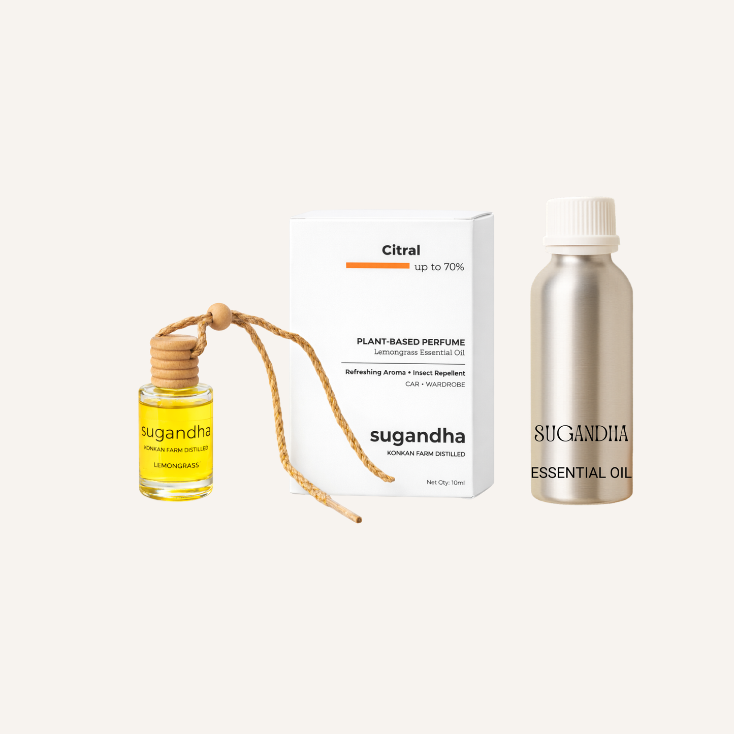 Sugandha Natural Lemongrass Car Freshener | Farm-Distilled Essential Oil | Mosquito & Insect Repellent | Wooden Hanging Diffuser for Car & Wardrobe