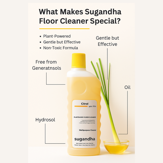 Sugandha floor cleaner bottle highlighting plant-powered, non-toxic formula, and key ingredients like citral and hydrosol.