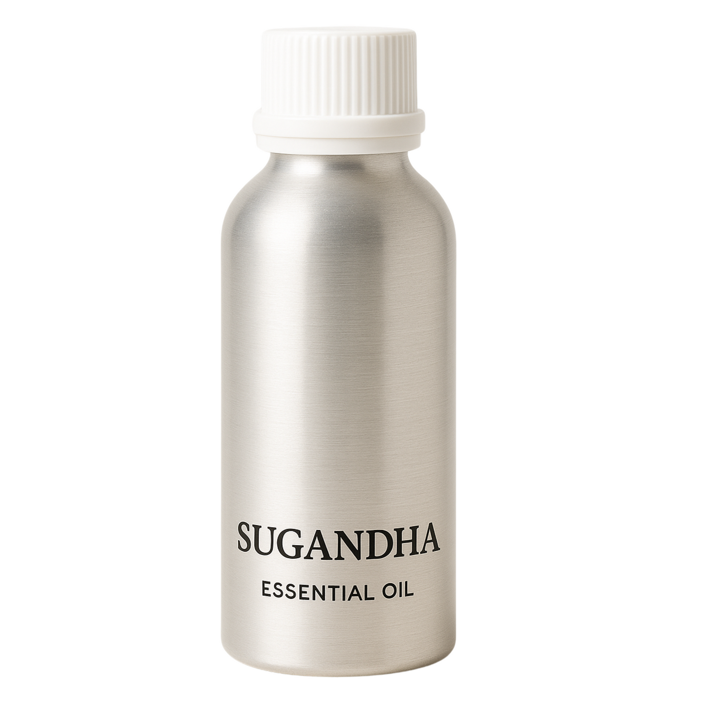 Sugandha Lemongrass Essential Oil in a sleek aluminum bottle with a white cap.