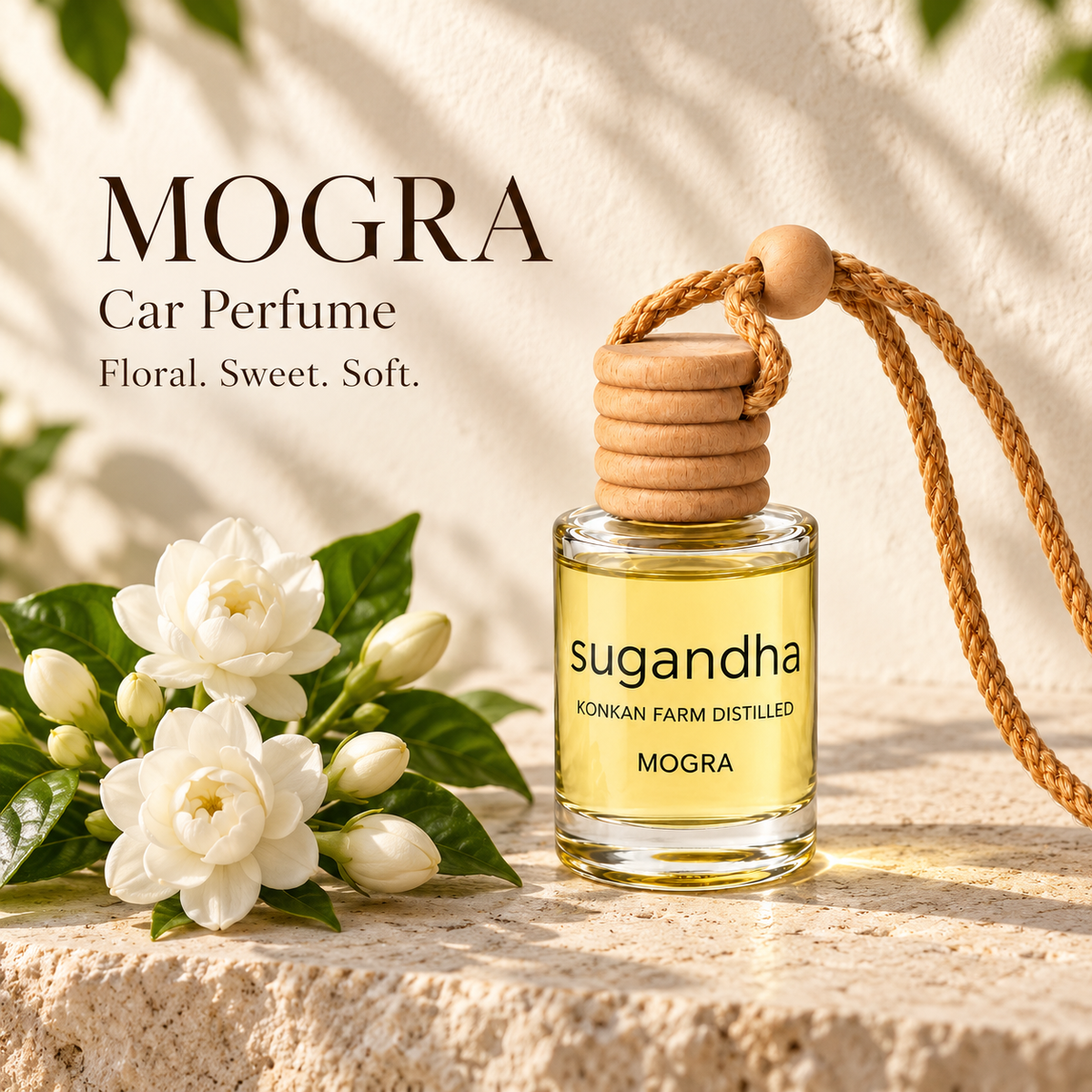 Mogra car perfume beside white jasmine flowers