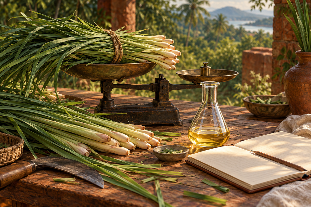 AI-created editorial still life of lemongrass, a weighing balance, oil flask and field notebook.