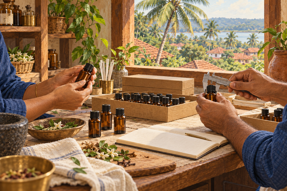 AI-created editorial illustration of hands checking fragrance bottles at a village workshop.