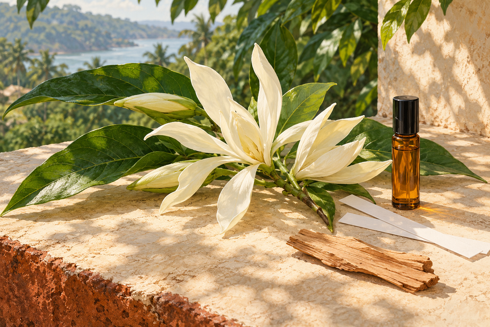 AI-created editorial illustration of white chafa, scent strips, an amber sample bottle and sandalwood.