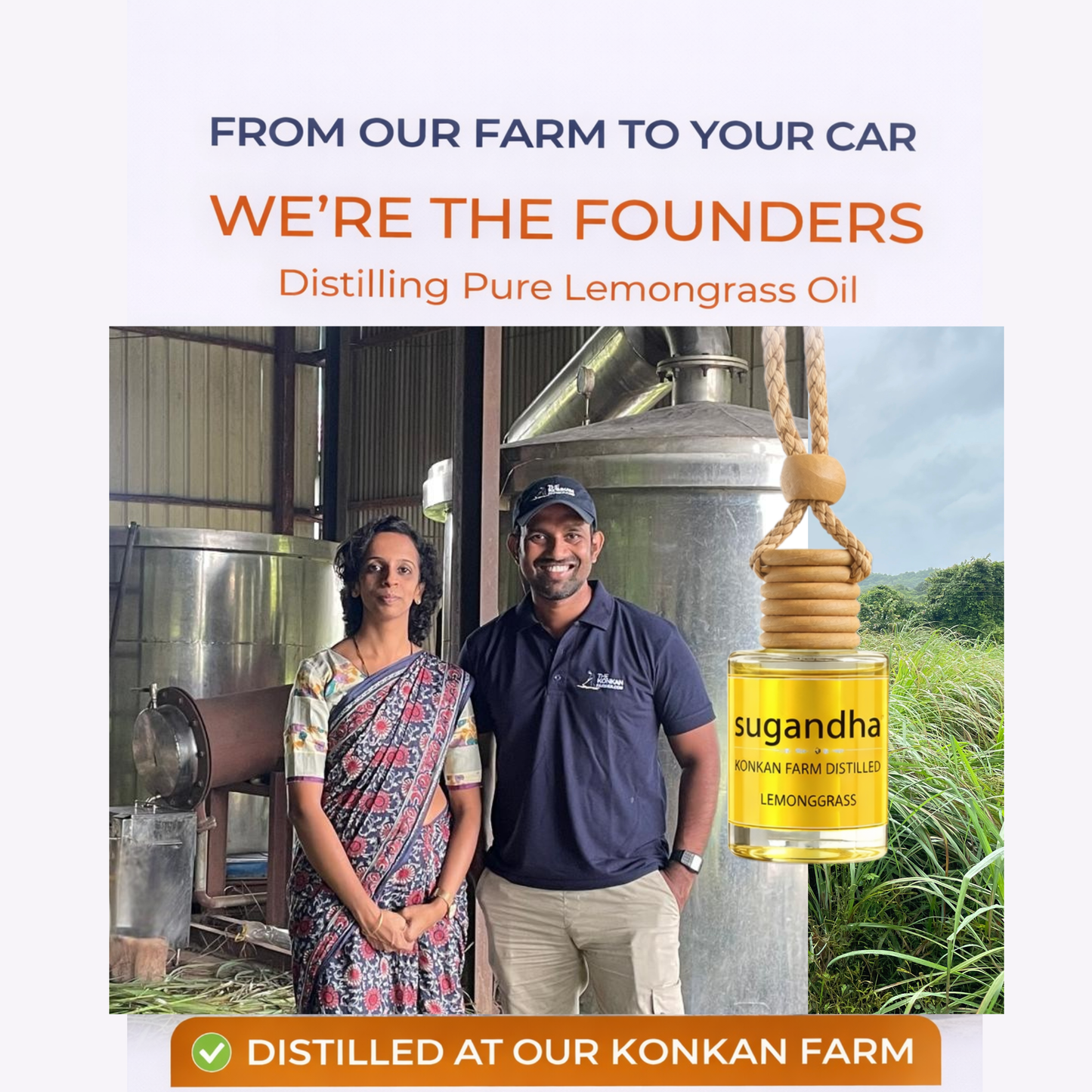 Sugandha Natural Lemongrass Car Freshener | Farm-Distilled Essential Oil | Mosquito & Insect Repellent | Wooden Hanging Diffuser for Car & Wardrobe