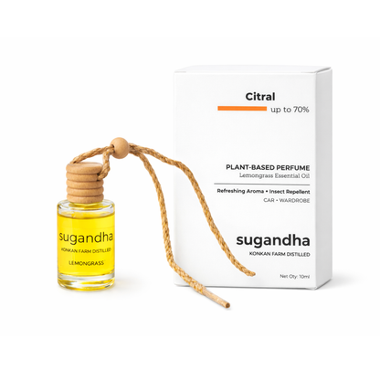 Sugandha Natural Lemongrass Car Freshener | Farm-Distilled Essential Oil | Mosquito & Insect Repellent | Wooden Hanging Diffuser for Car & Wardrobe