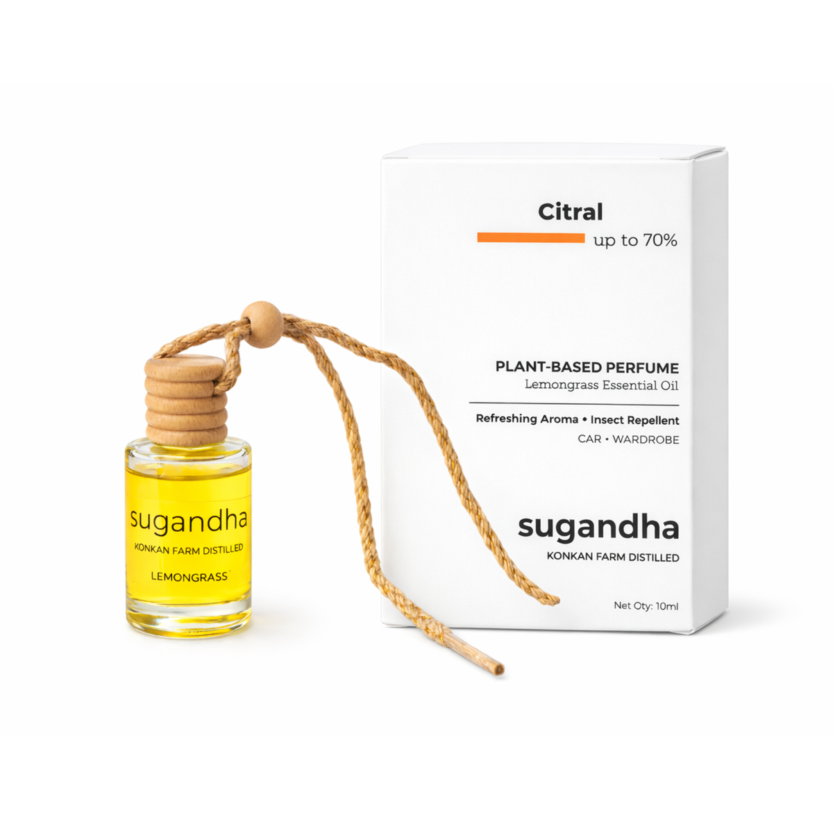 Sugandha Natural Lemongrass Car Freshener | Farm-Distilled Essential Oil | Mosquito & Insect Repellent | Wooden Hanging Diffuser for Car & Wardrobe — individual bottle available in the Pick Any Two selection