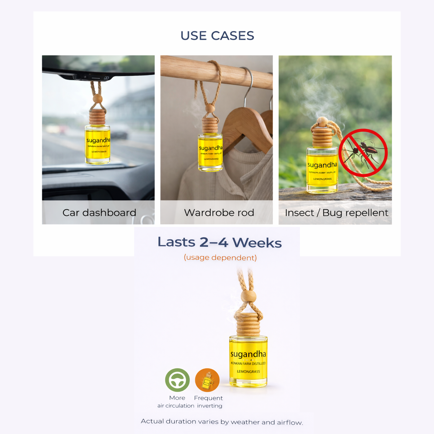 Sugandha Natural Lemongrass Car Freshener | Farm-Distilled Essential Oil | Mosquito & Insect Repellent | Wooden Hanging Diffuser for Car & Wardrobe