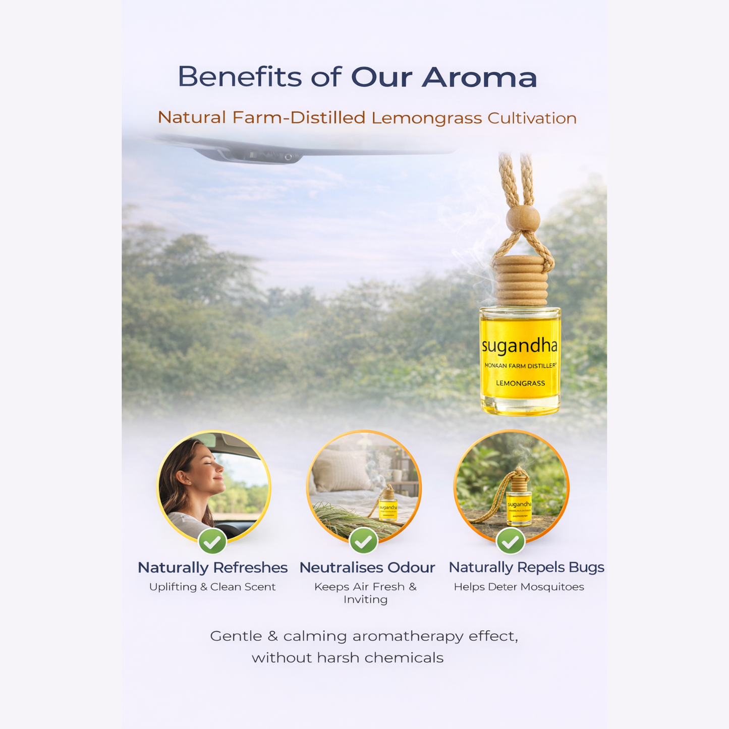 Sugandha Natural Lemongrass Car Freshener | Farm-Distilled Essential Oil | Mosquito & Insect Repellent | Wooden Hanging Diffuser for Car & Wardrobe