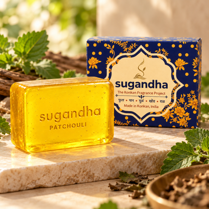 Included Patchouli glycerin soap — single 50 g bar detail