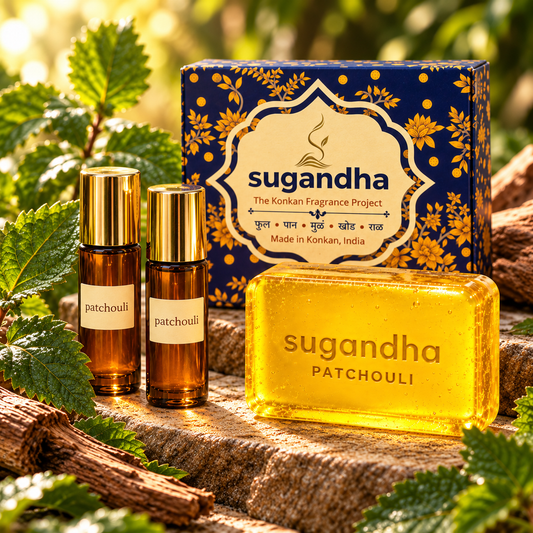 Sugandha Konkan Patchouli Gift Set — Soap & 2 × 3 ml Roll-On Perfumes