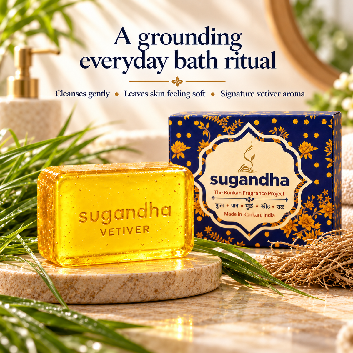 Included Vetiver glycerin soap — single 50 g bar detail