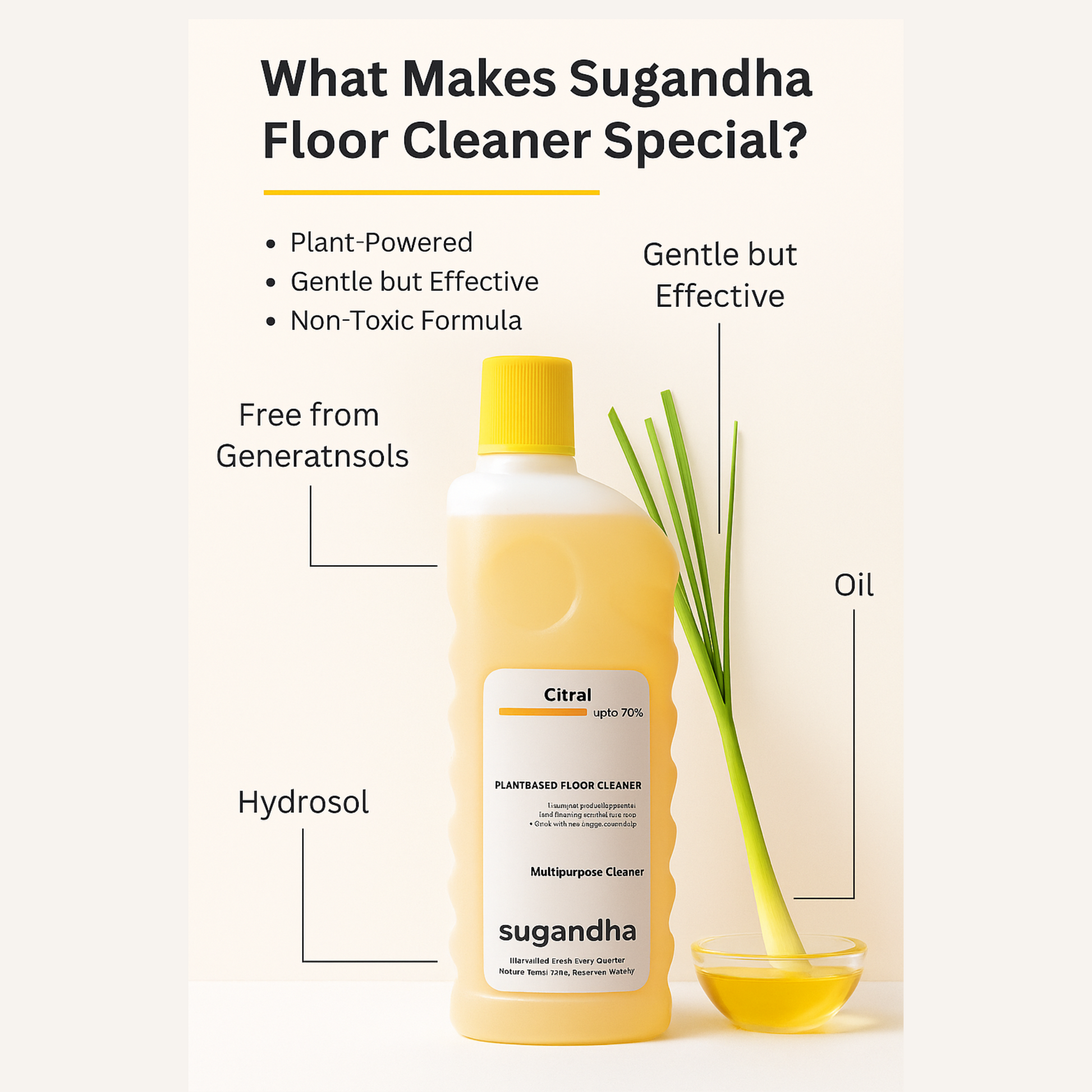 Sugandha floor cleaner bottle highlighting plant-powered, non-toxic formula, and key ingredients like citral and hydrosol.