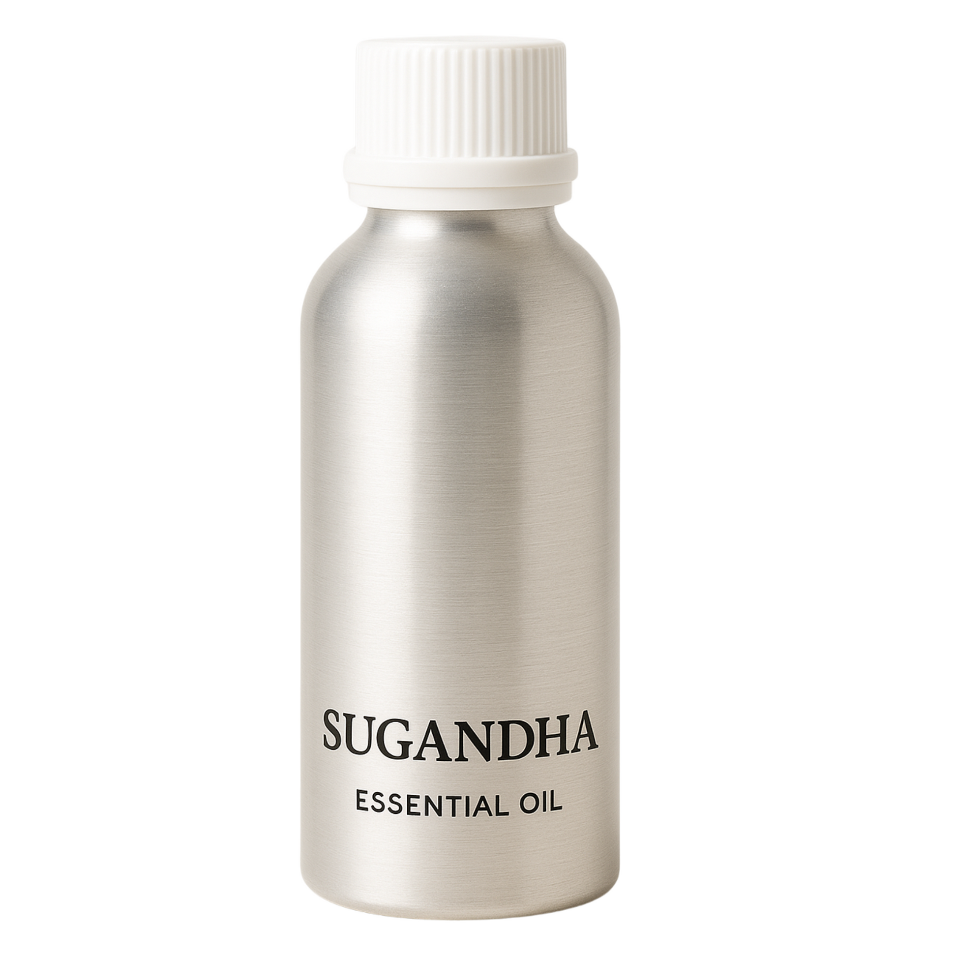 Sugandha Lemongrass Essential Oil in a sleek aluminum bottle with a white cap.