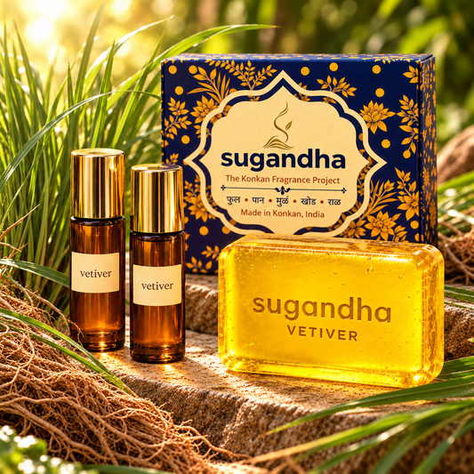 Sugandha Konkan Vetiver Gift Set — Soap & 2 × 3 ml Roll-On Perfumes