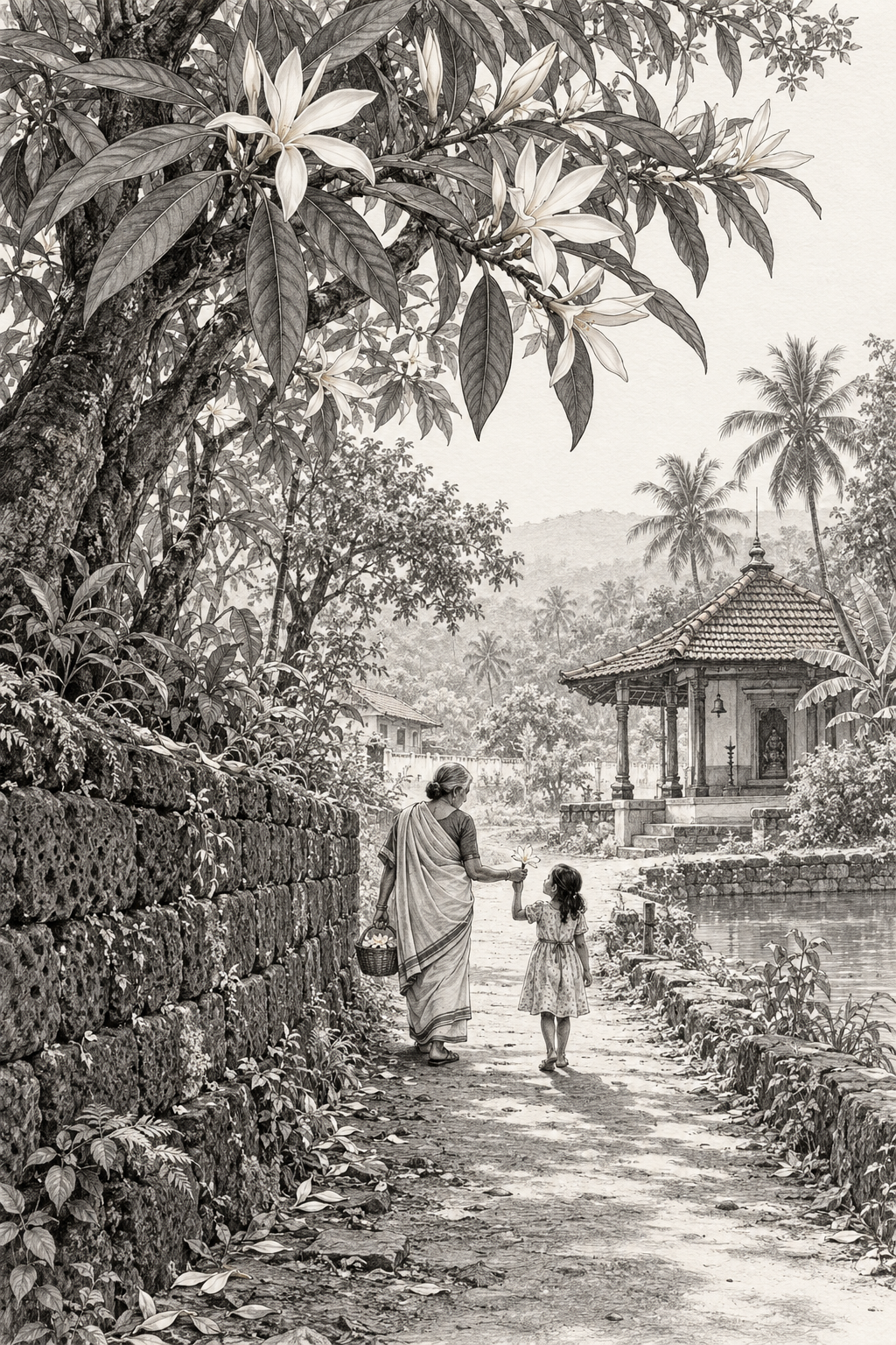 White chafa flowers above a grandmother and child walking towards a village temple in Konkan; a monochrome story illustration.