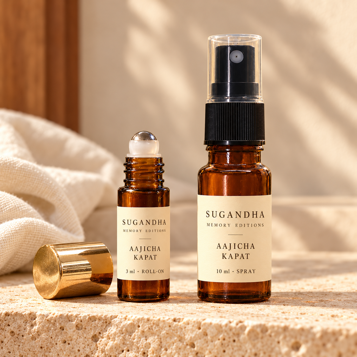 Sugandha Aajicha Kapat bottle visualisation: one 3 ml roll-on and one 10 ml spray shown as alternative formats.