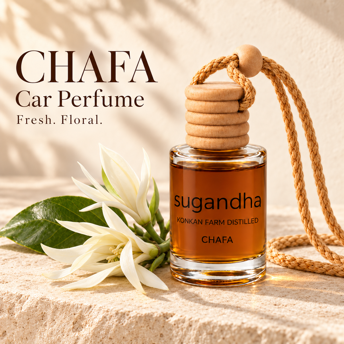 Chafa car perfume beside white Michelia alba flowers