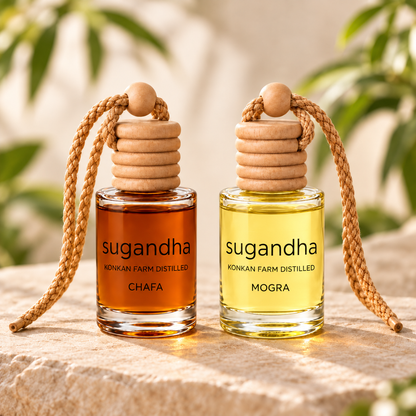 Sugandha car perfume pair: Chafa + Mogra — two separate hanging bottles