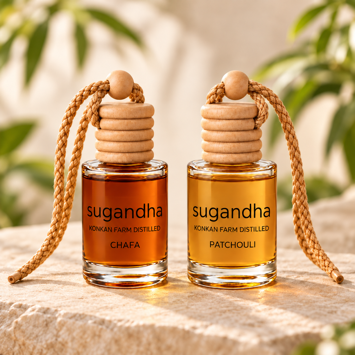 Sugandha car perfume pair: Chafa + Patchouli — two separate hanging bottles