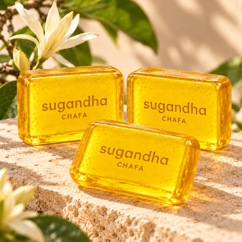 Sugandha Chafa Soap pack of three: three translucent yellow 50 g bars