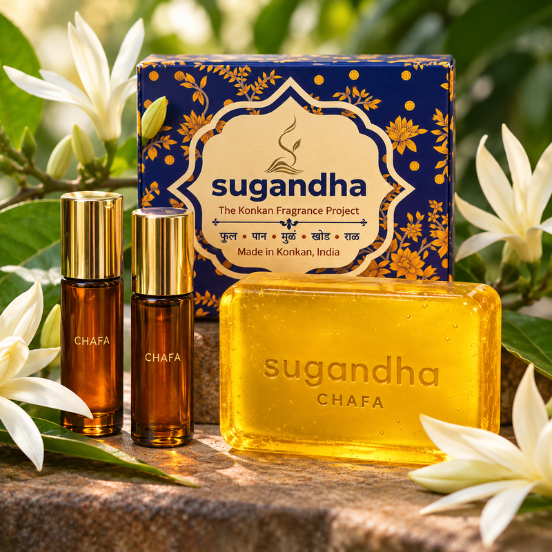 Chafa gift set with two roll-on perfume bottles, one golden glycerin soap and Sugandha box