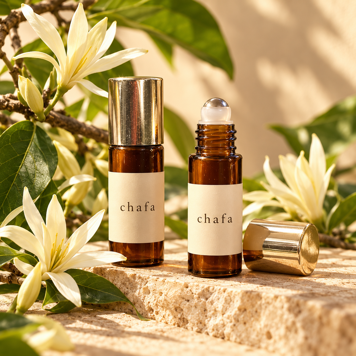Sugandha Chafa roll-on perfume with white Chafa flowers
