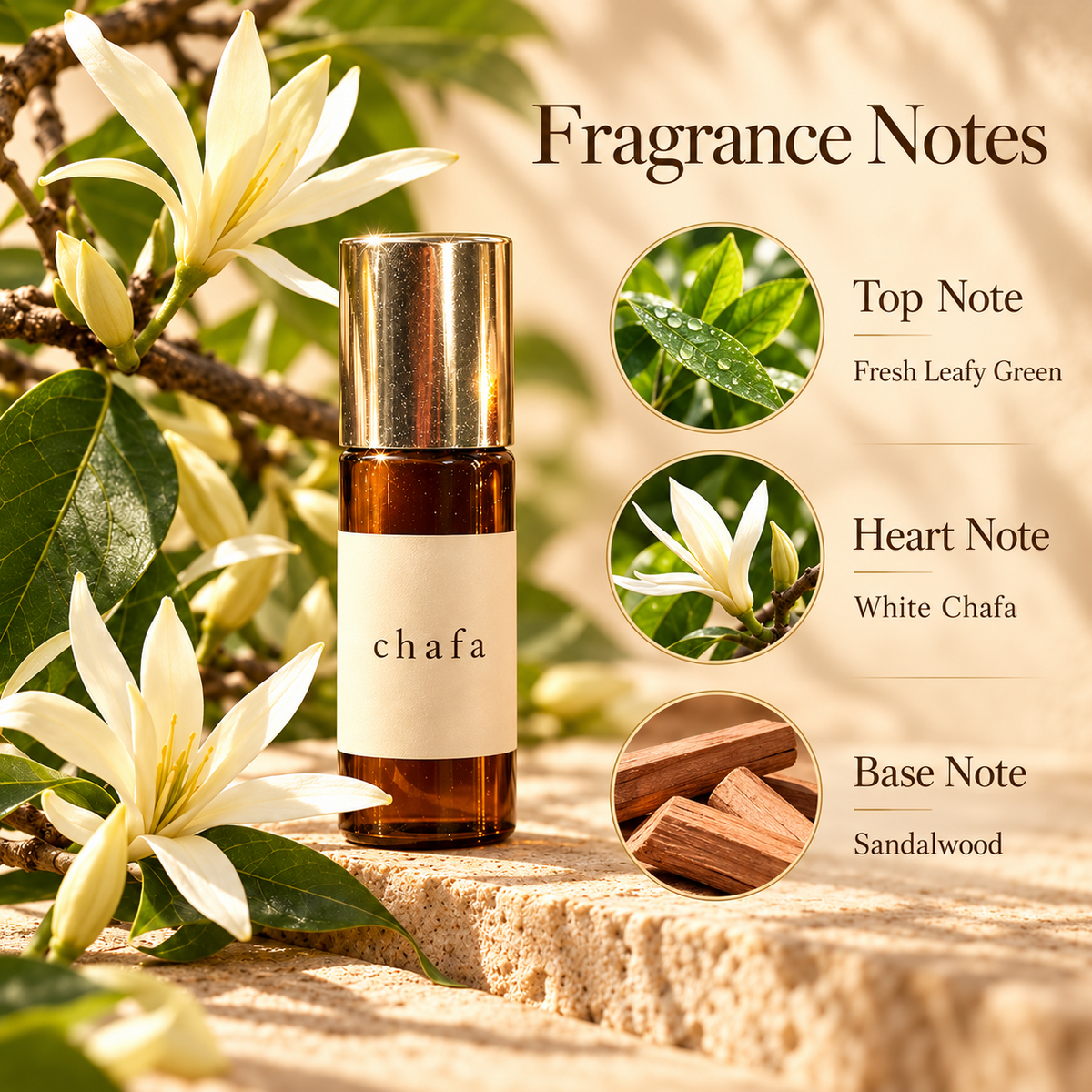 Chafa fragrance notes: fresh leafy green, white Chafa and sandalwood