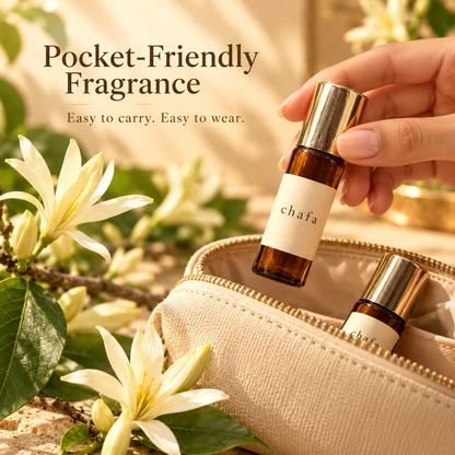 Portable Chafa roll-on perfume shown with a travel pouch