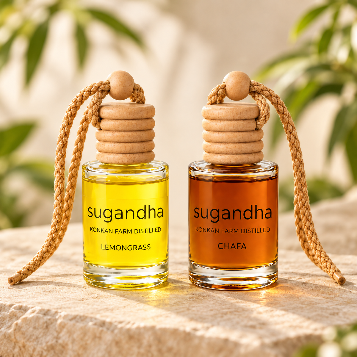 Sugandha car perfume pair: Lemongrass + Chafa — two separate hanging bottles