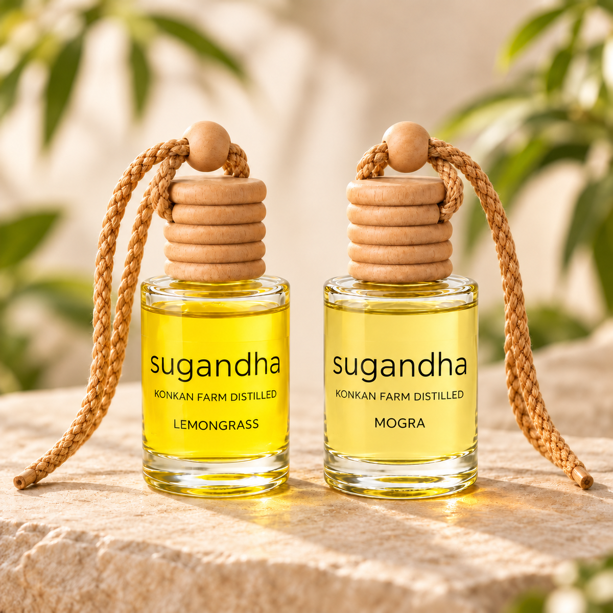 Sugandha car perfume pair: Lemongrass + Mogra — two separate hanging bottles