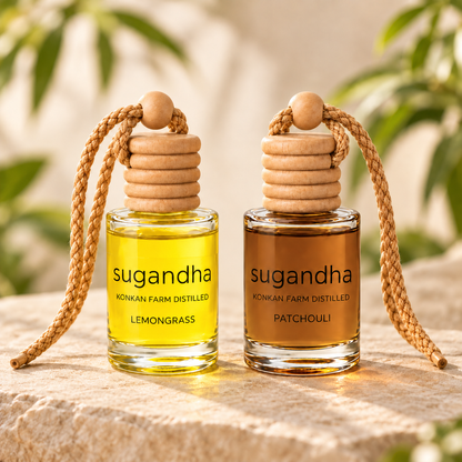 Sugandha car perfume pair: Lemongrass + Patchouli — two separate hanging bottles