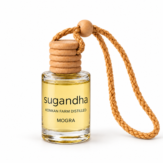 Sugandha Mogra car perfume bottle with pale yellow fragrance oil
