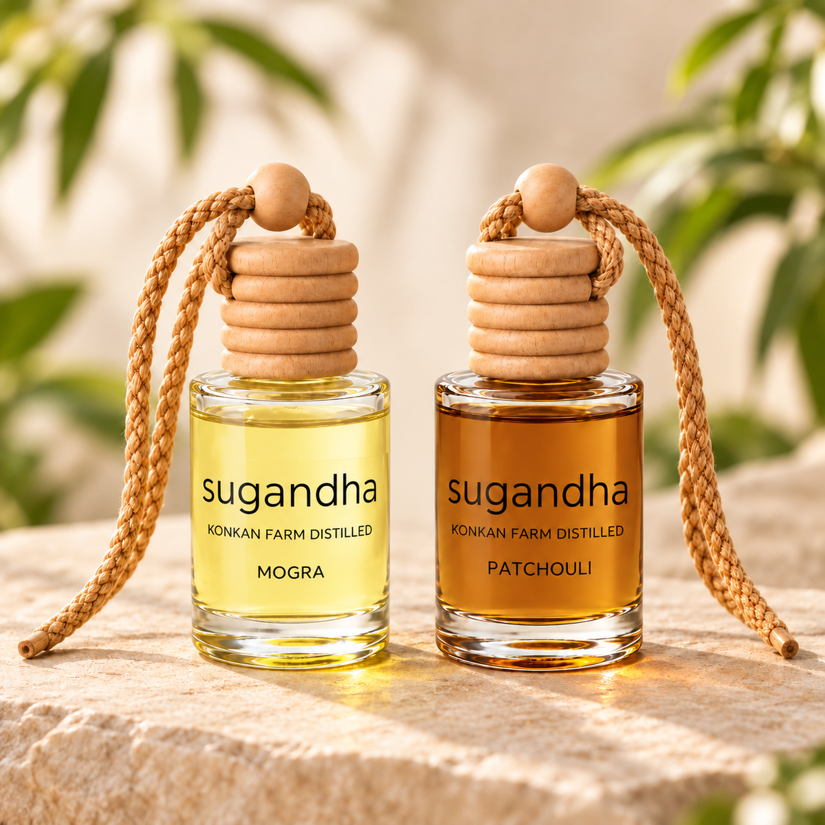 Sugandha car perfume pair: Mogra + Patchouli — two separate hanging bottles