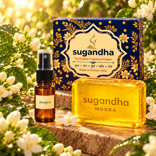 Sugandha Mogra gift set: one 10 ml spray perfume, one 50 g glycerin soap and one botanical presentation box