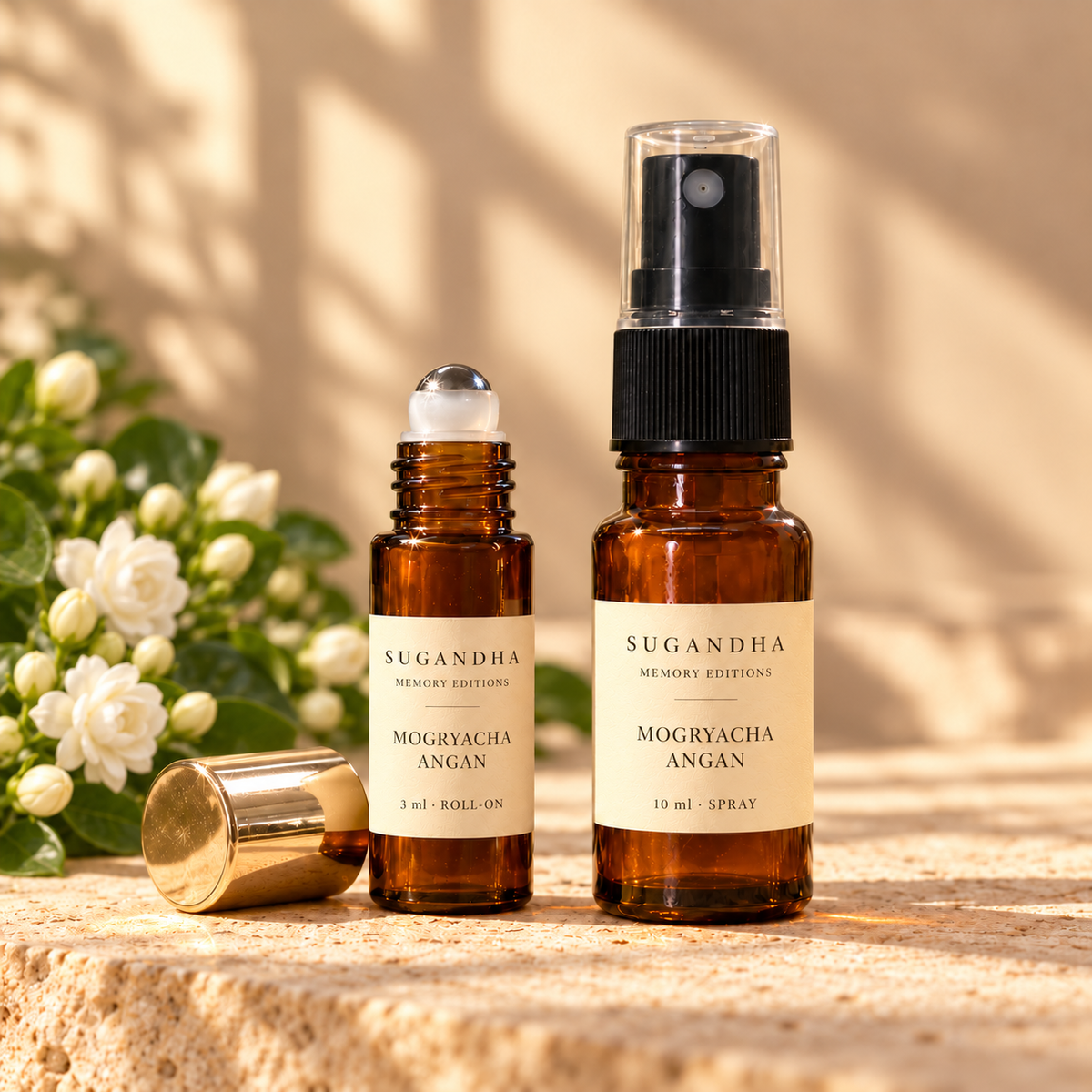 Sugandha Mogryacha Angan bottle visualisation: one 3 ml roll-on and one 10 ml spray shown as alternative formats.