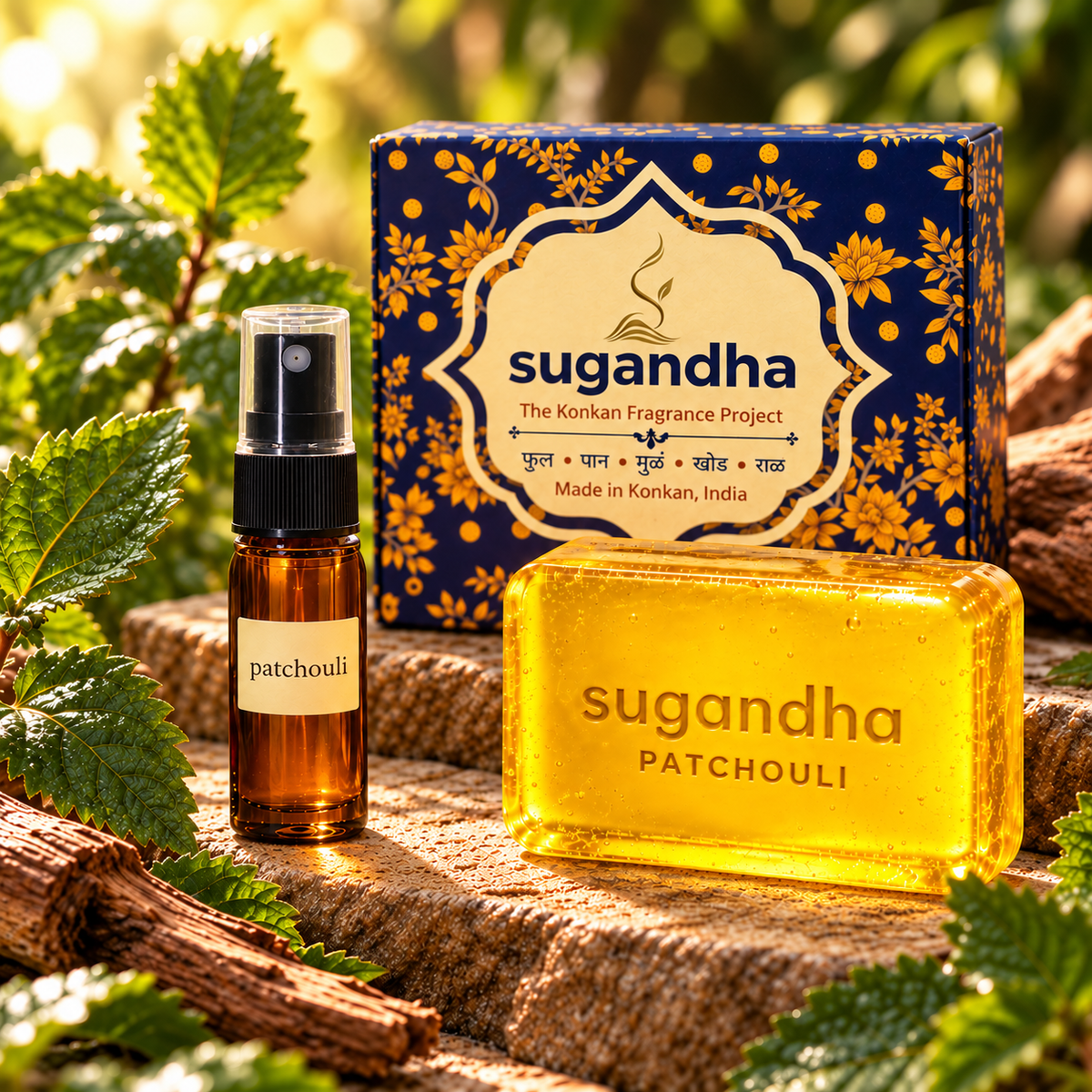 Sugandha Patchouli gift set: one 10 ml spray perfume, one 50 g glycerin soap and one botanical presentation box