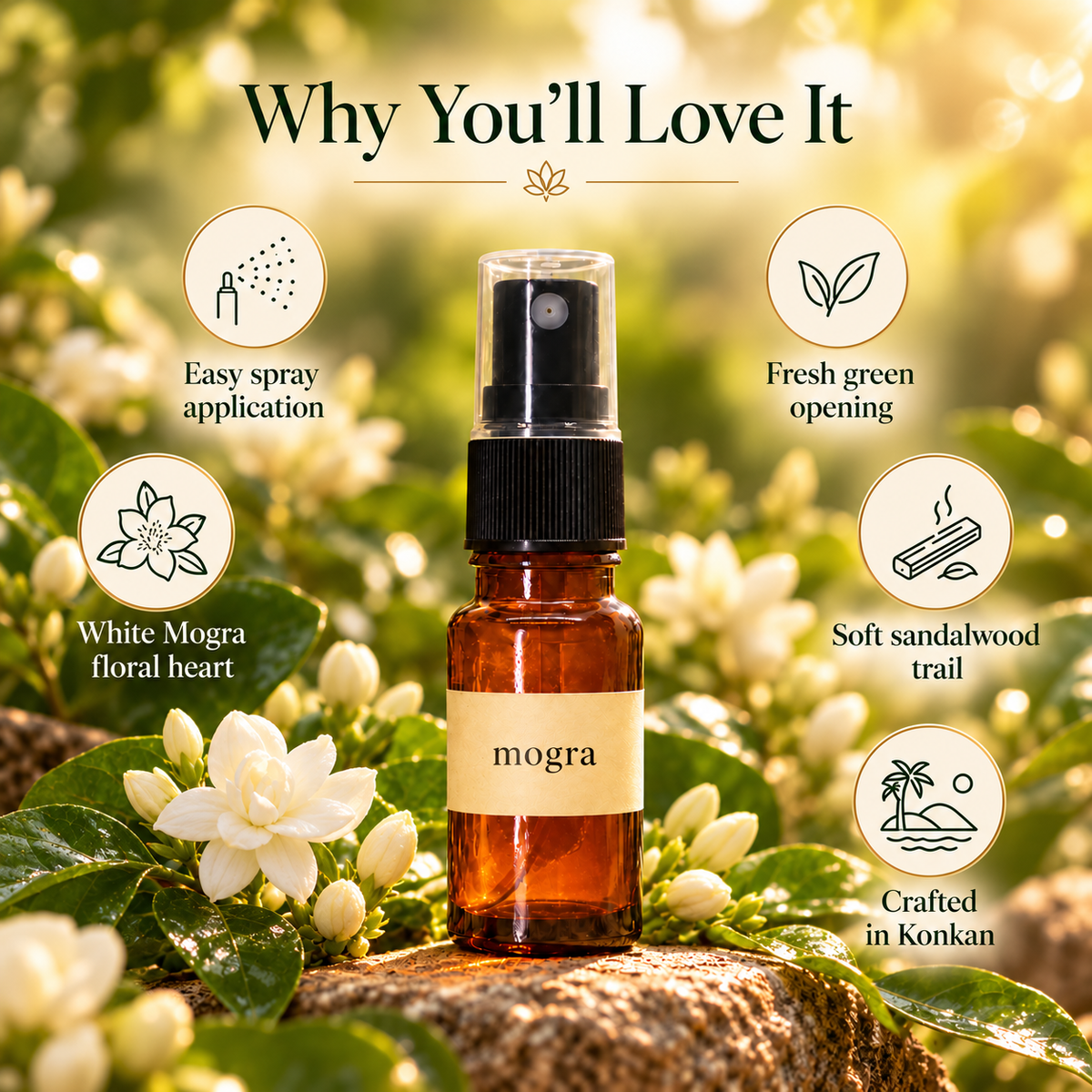 Sugandha Konkan Mogra — spray perfume features and fragrance character