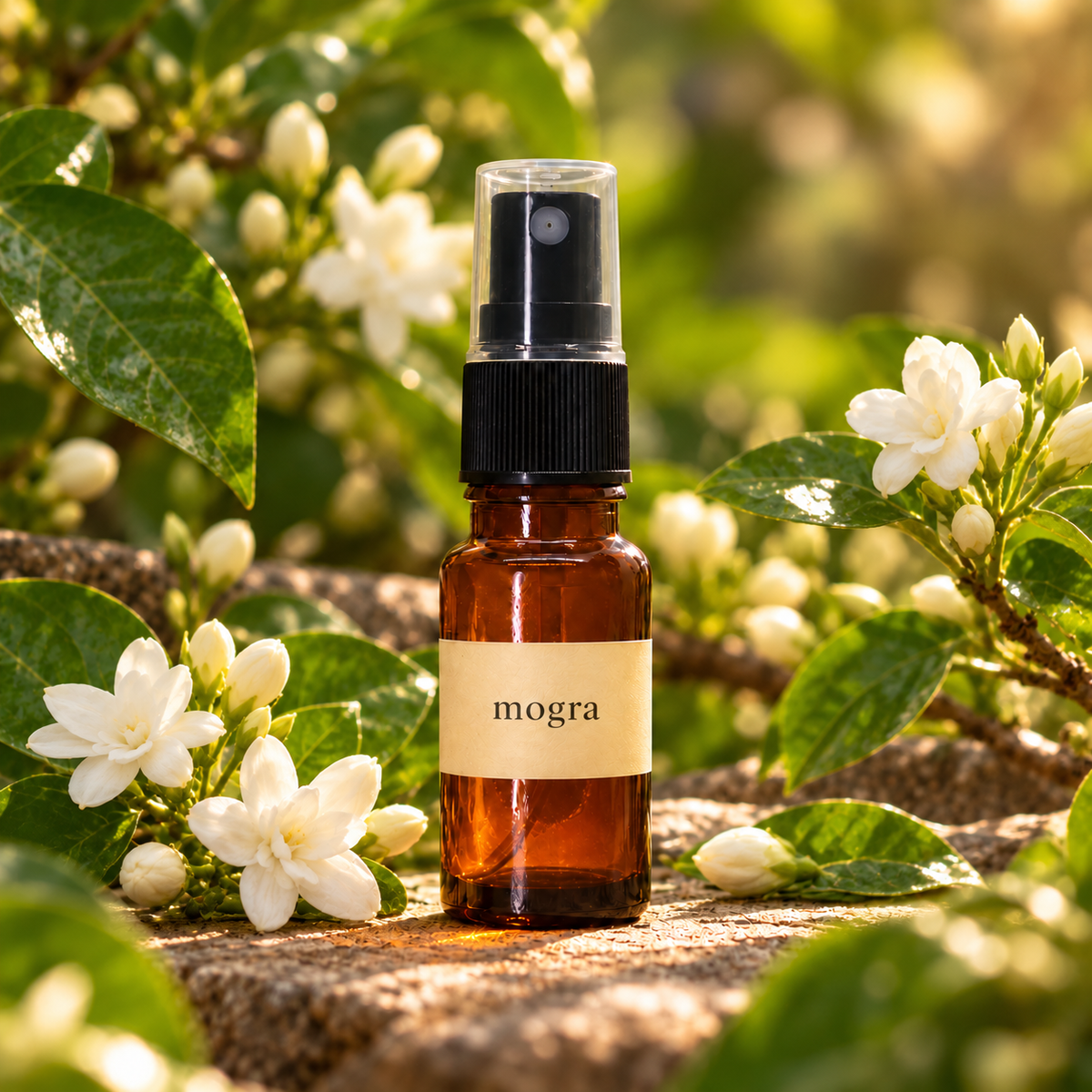 Sugandha Konkan Mogra — single 10 ml amber spray bottle with its signature botanical