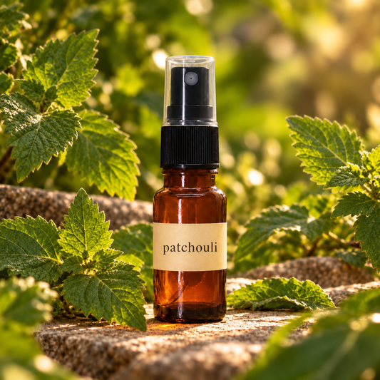 Sugandha Konkan Patchouli — single 10 ml amber spray bottle with its signature botanical