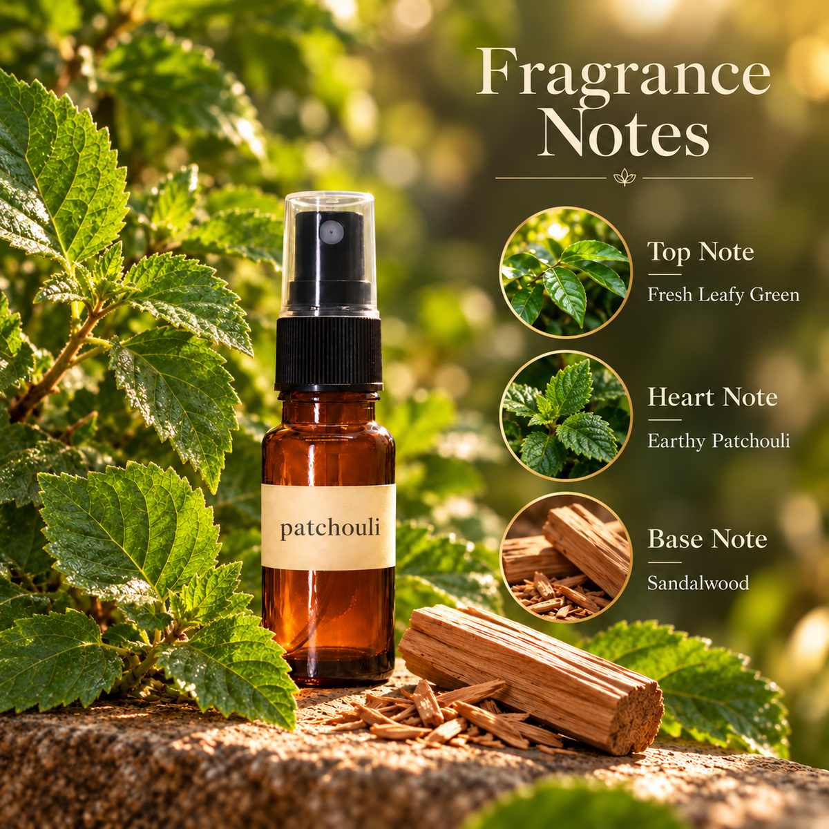 Sugandha Konkan Patchouli — fragrance notes: fresh leafy green, signature heart and sandalwood
