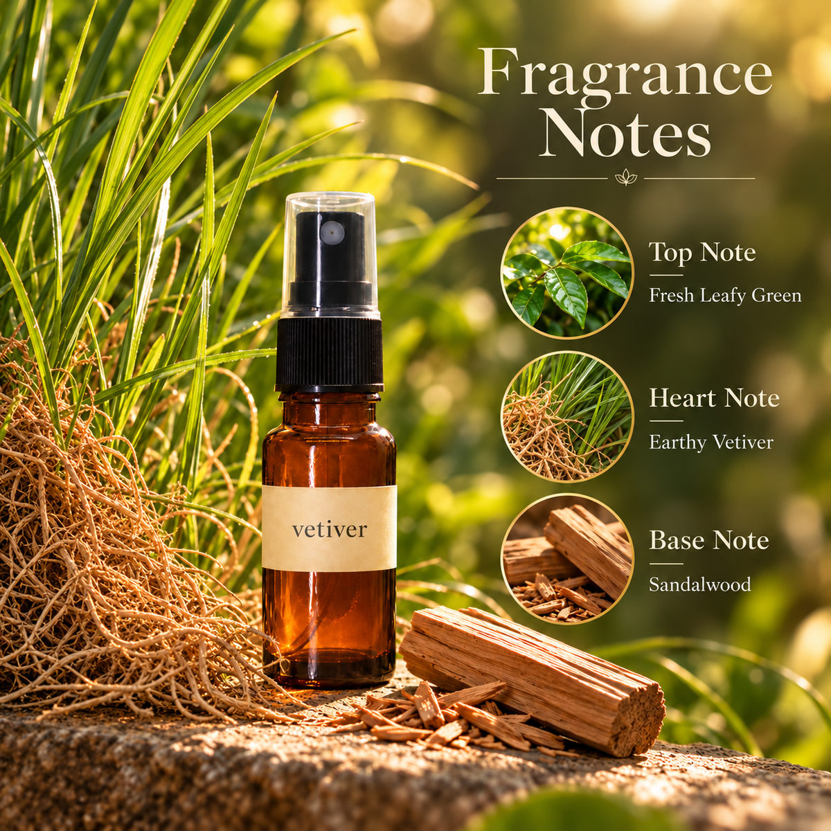 Vetiver spray fragrance notes: fresh leafy green, Vetiver heart and sandalwood base