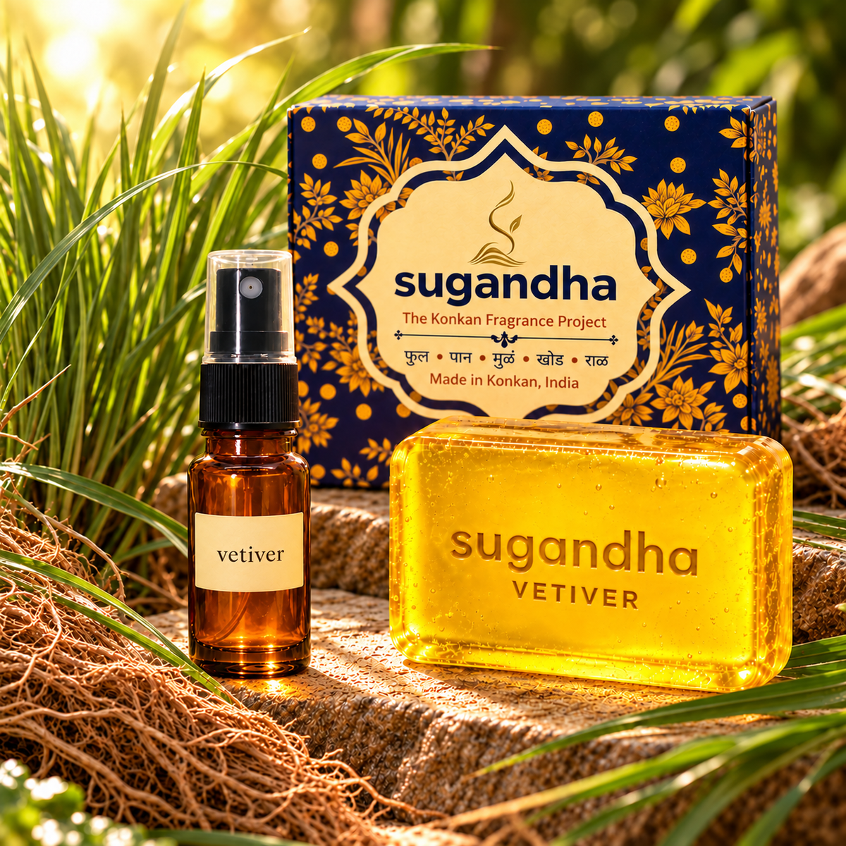 Sugandha Vetiver gift set: one 10 ml spray perfume, one 50 g glycerin soap and one botanical presentation box